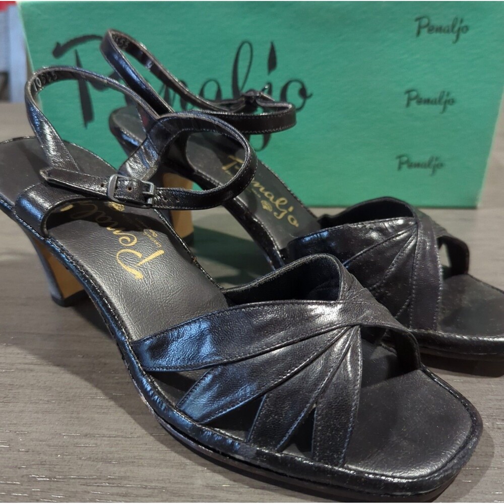 Vintage Penaljo Black Leather Strappy Sandals, Low Block Heel, Square To 70s 80s
